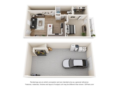 A 3D floor plan of a two-bedroom apartment with a living room, kitchen, and bathroom.